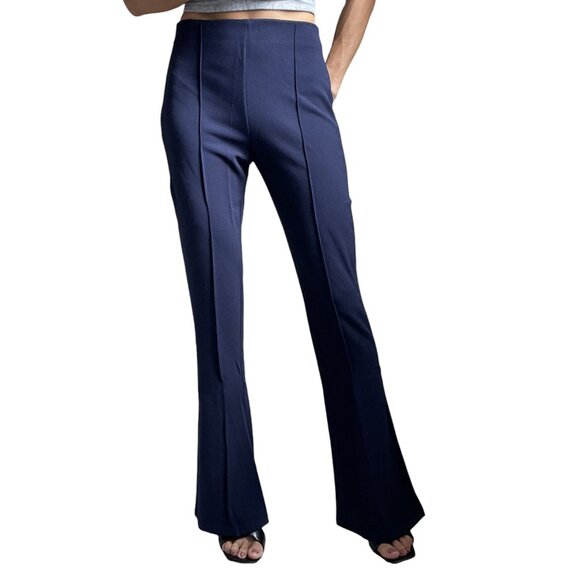 Women's Navy Blue High-Waisted Flared Pants – Elegant & Stretchy Pants - Picture 7 of 8